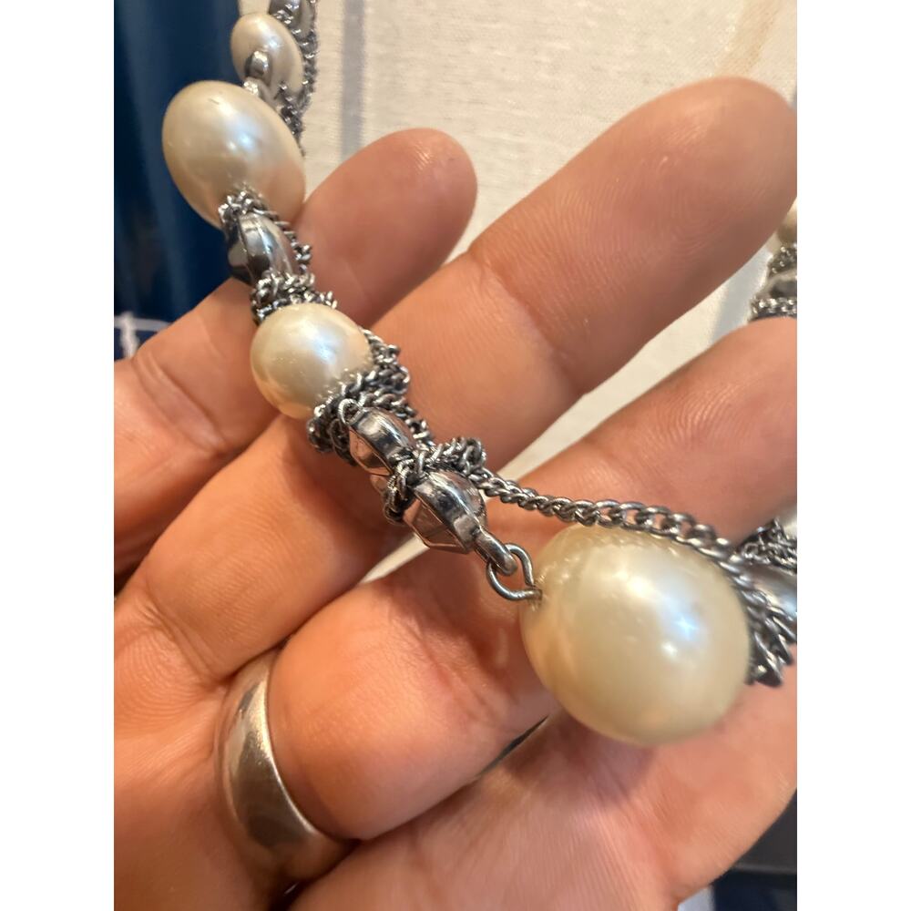 Silver Tone Faux Pearl Multi Strand Necklace 36” - Picture 3 of 10